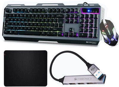 ZEBRONICS Transformer 1 Gaming Wired Keyboard, Wired Mouse, 200HB USB Hub and Mouse Pad Combo Set