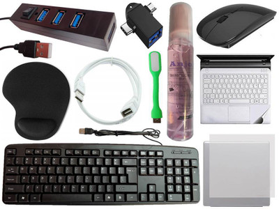ANJO Keyboard-Wireless Mouse-Wrist Support Pad-2.0 Hub-Cleaner-OTG 2in1-Ext-LED-Skin Combo Set