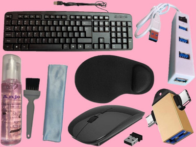 ANJO USB Keyboard-Wireless Mouse-Wrist Pad-2.0 Hub-3in1 Cleaning Kit-OTG M&C 2in1 Combo Set