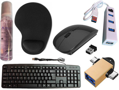 ANJO USB Keyboard-Wireless Mouse-Wrist Support Pad-2.0 Hub-Cleaner-OTG Micro & C 2in1 Combo Set
