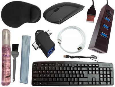 ANJO USB Keyboard-Wireless Mouse-Wrist Pad-2.0 Hub-3in1 Cleaner-OTG 2in1-Ext Cable Combo Set