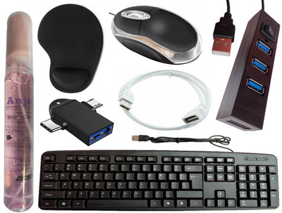 ANJO USB Keyboard-LED Mouse-Wrist Support Pad-2.0 Hub-Cleaner-OTG 2in1-Ext Cable 1.5m Combo Set