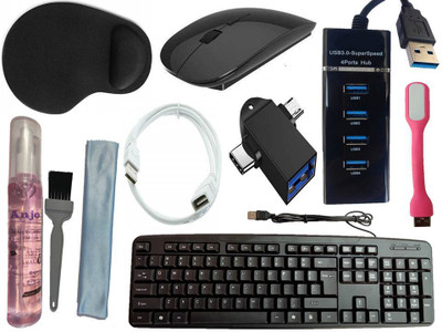 ANJO Keyboard-Wireless Mouse-Wrist Pad-3.0 Hub-3in1 Cleaner-OTG 2in1-Ext Cable-LED Combo Set