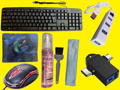 ANJO USB Keyboard-LED Mouse-Non Slip Mouse Pad-2.0 Hub-3in1 Cleaning Kit-OTG M&C 2in1 Combo Set Designed for Gaming(Black)