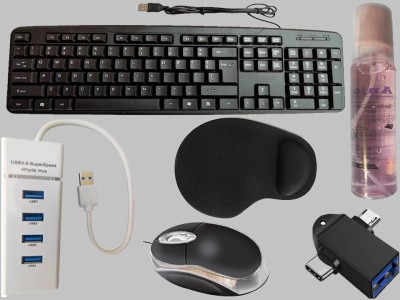 ANJO USB Keyboard-LED Mouse-Wrist Support Pad-3.0 Hub-Cleaner & Cloth-OTG M&C 2in1 Combo Set