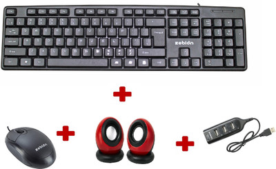 zebion K500 Keyboard + Elfin Mouse + PRONTO 101 USB HUB + Adore wired Speaker Combo Set(Black)