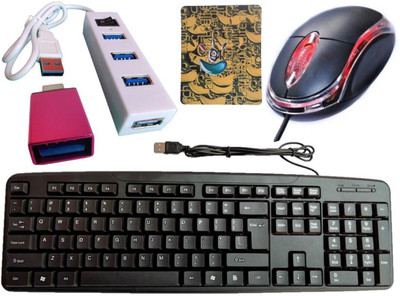 ANJO Wired USB Keyboard-Wired LED Mouse-Non Slip Mouse Pad-2.0 USB Hub-OTG Type C Combo Set