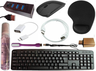 ANJO Keyboard-Wireless Mouse-Wrist Support Pad-2.0 Hub-Cleaner-OTG C&Micro-Ext.-LED Combo Set Designed for Gaming(Black)