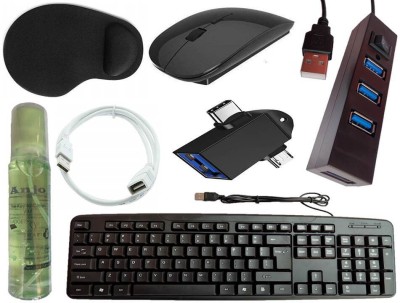 ANJO USB Keyboard-Wireless Mouse-Wrist Support Pad-2.0 Hub-Cleaner-OTG 2in1-Ext Cable Combo Set