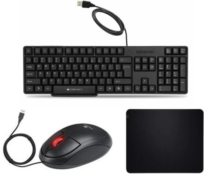 ZEBRONICS K20 Wired Keyboard, Rise Wired Optical Mouse and Mouse PAD Combo Set Designed for Gaming(Black)