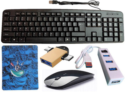 ANJO Wired Keyboard-Wireless Mouse-Non Slip Mouse Pad-2.0 USB Hub-2in1 OTG C & Micro Combo Set Designed for Gaming(Multicolor)