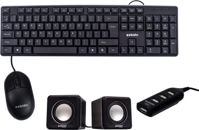 zebion K500 Keyboard + Elfin Mouse +PRONTO 101 USB HUB + Twin wired Speaker Combo Set(Black)