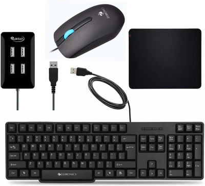 ZEBRONICS K20 Wired Keyboard, Wired Juggle Optical Mouse, 4 port USB Hub and Mouse PAD Combo Set