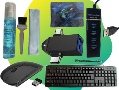 ANJO USB Keyboard-Wireless Mouse-Pad-3.0USB Hub-3in1 Cleaning Kit-OTG M & C Type 2in1 Combo Set Designed for Gaming(Black)