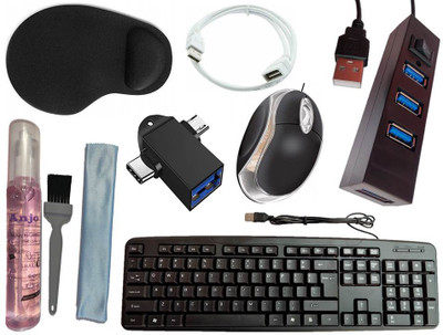 ANJO USB Keyboard-LED Mouse-Wrist Support Pad-2.0 Hub-3in1 Cleaner-OTG 2in1-Ext Cable Combo Set