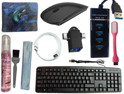 ANJO Keyboard-Wireless Mouse-Pad-3.0USB Hub-3in1 Cleaner-OTG 2in1-Ext Cable 1.5m-LED Combo Set