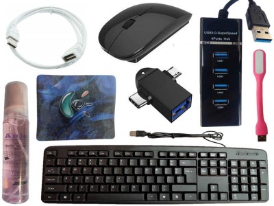 ANJO Keyboard-Wireless Mouse-Pad-3.0 USB Hub-Cleaner-OTG 2 in 1-Ext Cable 1.5m-LED Combo Set