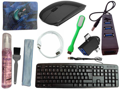 ANJO Keyboard-Wireless Mouse-Pad-2.0 Hub-3in1 Cleaner-OTG 2 in 1-Ext Cable 1.5m-LED Combo Set