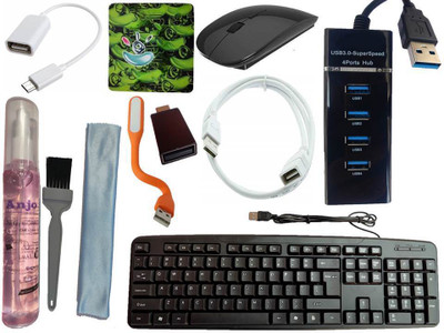 ANJO Keyboard-Wireless Mouse-Pad-3.0USB Hub-3in1 Cleaner-OTG C&Micro-Ext Cable-LED Combo Set