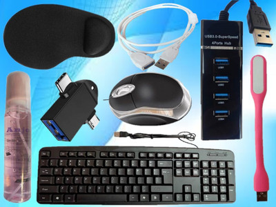 ANJO Keyboard-LED Mouse-Wrist Support Pad-3.0 Hub-Cleaner-OTG 2in1-Ext Cable 1.5m-LED Combo Set