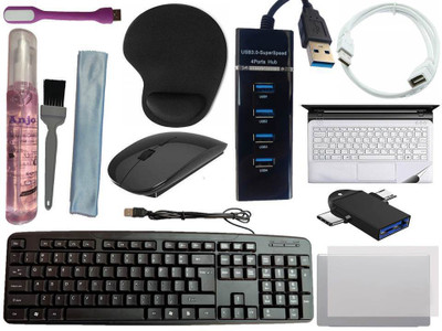 ANJO Keyboard-Wireless Mouse-Wrist Pad-3.0 Hub-3in1 Cleaner-OTG 2in1-Ext-LED-Skin Combo Set