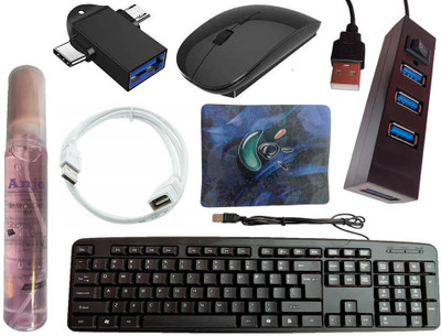 ANJO USB Keyboard-Wireless Mouse-Pad-2.0 Hub-Cleaner-OTG Micro&C 2in1-Ext Cable 1.5m Combo Set Designed for Gaming(Black)