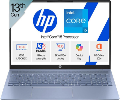 HP OmniBook 5(Previously Pavilion) Intel Core i5 13th Gen 1334U - (16 GB/512 GB SSD/Windows 11 Home) 16-ba1123TU Thin and Light Laptop(16 Inch, Sky Blue, 1.79 Kg, With MS Office)