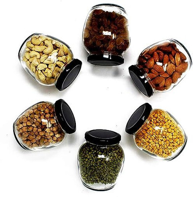 KEITSI Glass Grocery Container  - 400 ml(Pack of 6, Black)