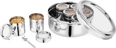 MARSHI Classic 7 in 1 Stainless Steel See Through Multipurpose Masala Dabba For Kitchen Spice Box Set of 7 Small Jars containers 140ml each with Spoon and See-through Lid 1200ml Big Dabba 1 Piece Spice Set(Stainless Steel)