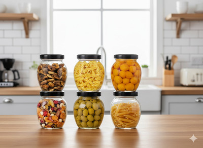 b7 Creations Glass Grocery Container  - 350 ml(Pack of 6, Black)
