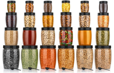 Snowberry Plastic Grocery Container  - 1200 ml, 650 ml, 350 ml, 250 ml(Pack of 24, Black, Clear)