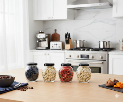 b7 Creations Glass Grocery Container  - 350 ml(Pack of 6, Black)