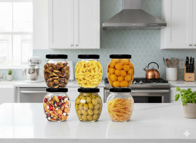 b7 Creations Glass Grocery Container  - 350 ml(Pack of 6, Black)