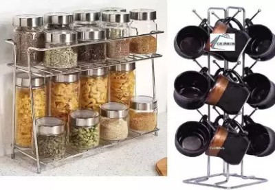 BALSUN Utensil Kitchen Rack Steel Stainless Steel 2 Layer Spice Rack & Plate Stand | Modular Kitchen Storage Rack