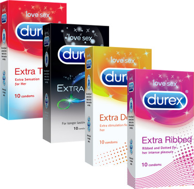 DUREX Exta thin, Extra time, Extra Dots, Extra Ribbed Pleasure Pack Condom(Set of 4, 40 Sheets)