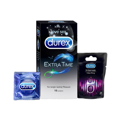 DUREX Extra Time Condrom with Vibe Ring combo, For Men Women Girl, Use with Good Toys(Pack of 1 For Men)