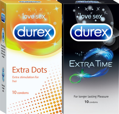 DUREX Extra Dots 10s, Extra Time 10s Pleasure Packs Condom (Set Of 2, 20 Sheets) For Rs. 295 @ 45% off