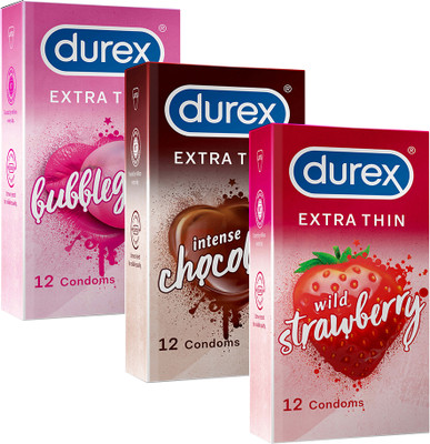 DUREX Extra Thin Intense Strawberry Bubblegum And Chocolate Flavoured Combo Condom(Set of 3, 36 Sheets)