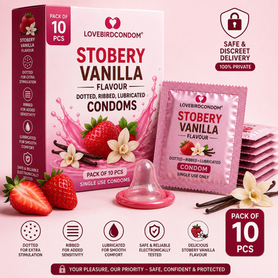 LOVEBIRDCONDOM STRAWBERRY+VENILA RELAX CLIMAX NO CONTROL WITH ME DOTTED | LUBRICATED FOR EXTRA Condom(10 Sheets)