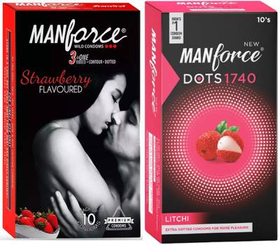 MANFORCE 3 in 1 Wild Ribbed Contour Dotted Strawberry Flavor Condoms - 10 Pieces & Extra Dotted Litchi Flavoured Condoms - 10 Pieces Condom