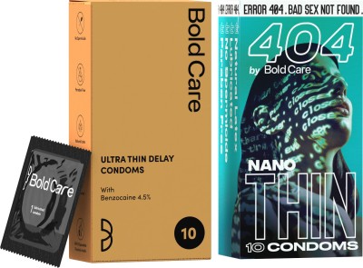 Bold Care Nano Thin condoms + Ultra Thin Delay Condoms - Super Saver pack Condom(Set of 2, 20 Sheets)