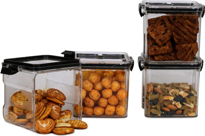 Hornbills Plastic Grocery Container  - 400 ml(Pack of 4, Black, Clear)