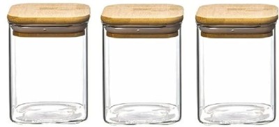HALO NATION Glass, Wooden Utility Container  - 750 ml(Pack of 3, Clear)