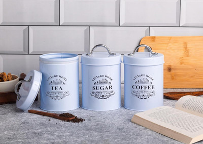 Metallure Iron Tea Coffee & Sugar Container  - 1000 ml(Pack of 3, White)