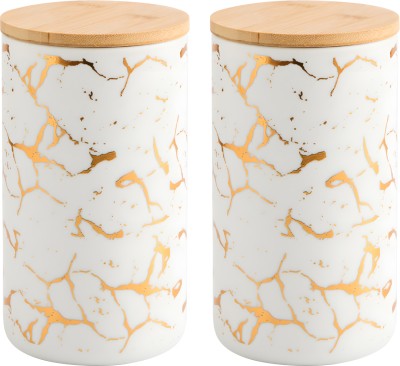 The Better Home Ceramic Grocery Container  - 1000 ml(Pack of 2, White, Gold)