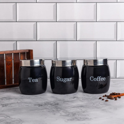 Metallure Iron Tea Coffee & Sugar Container  - 1000 ml(Pack of 3, Black)