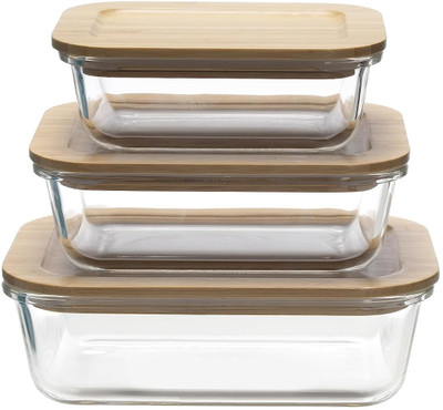 QPBM Glass, Wooden Fridge Container  - 360 ml, 580 ml, 900 ml(Pack of 3, Clear)