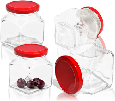Pure Source India Glass Cookie Jar  - 100 ml(Pack of 4, Clear, Red)