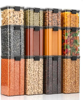 Kokailkitchen Plastic Grocery Container  - 700 ml, 1100 ml, 1700 ml(Pack of 12, Black)