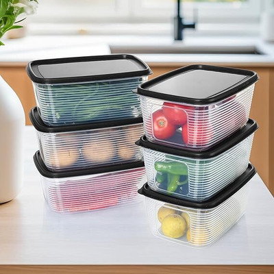 kitchmake Plastic Fridge Container  - 2000 ml(Pack of 6, Black)